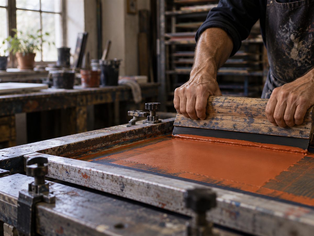 Serigrafi atölyesinde usta elleriyle ragle çekilerek elekten turuncu mürekkep basılıyor